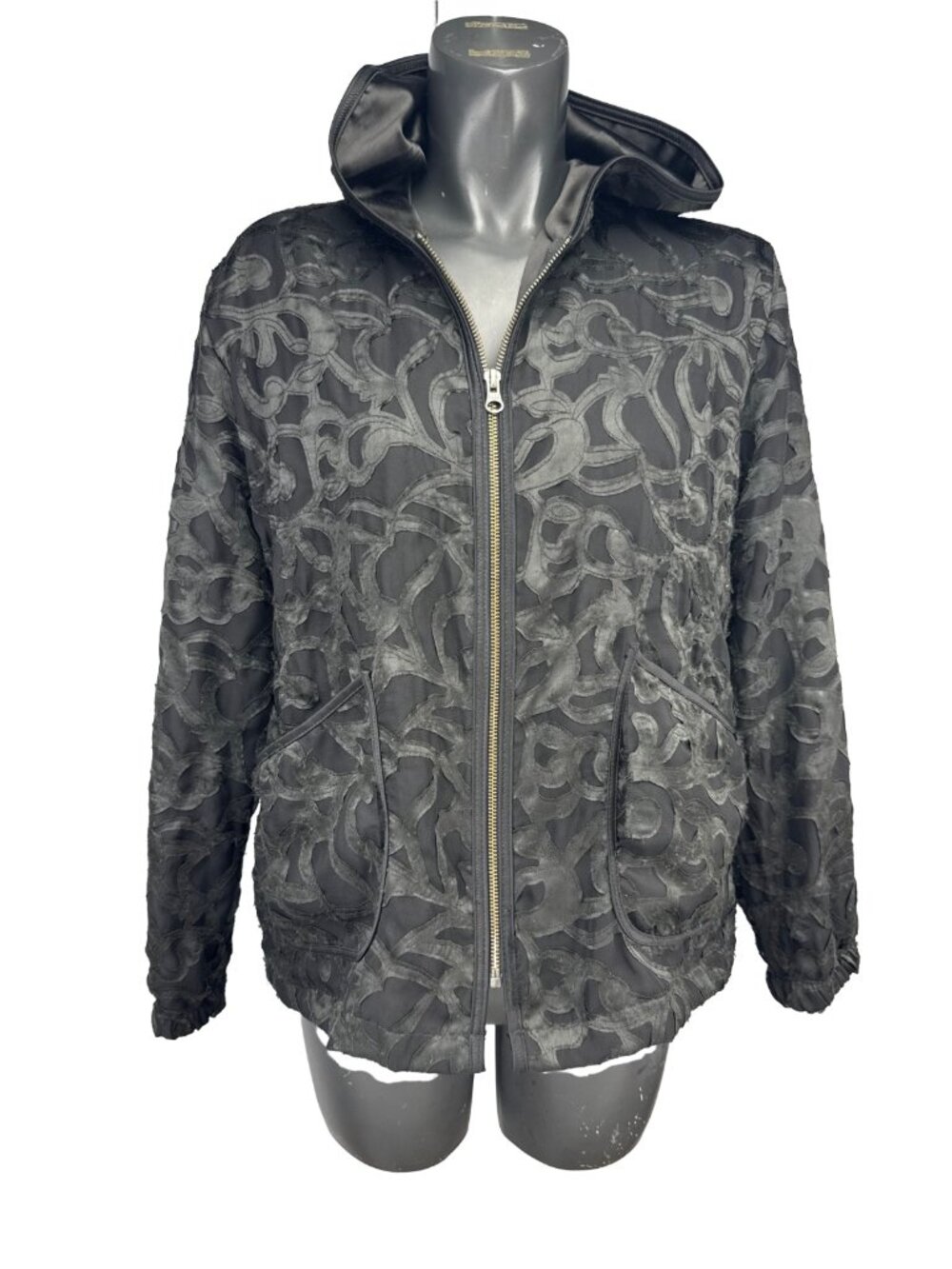KOLLONTAI Sheer Fabric Satin Appliqué Black Hooded Jacket Size L
